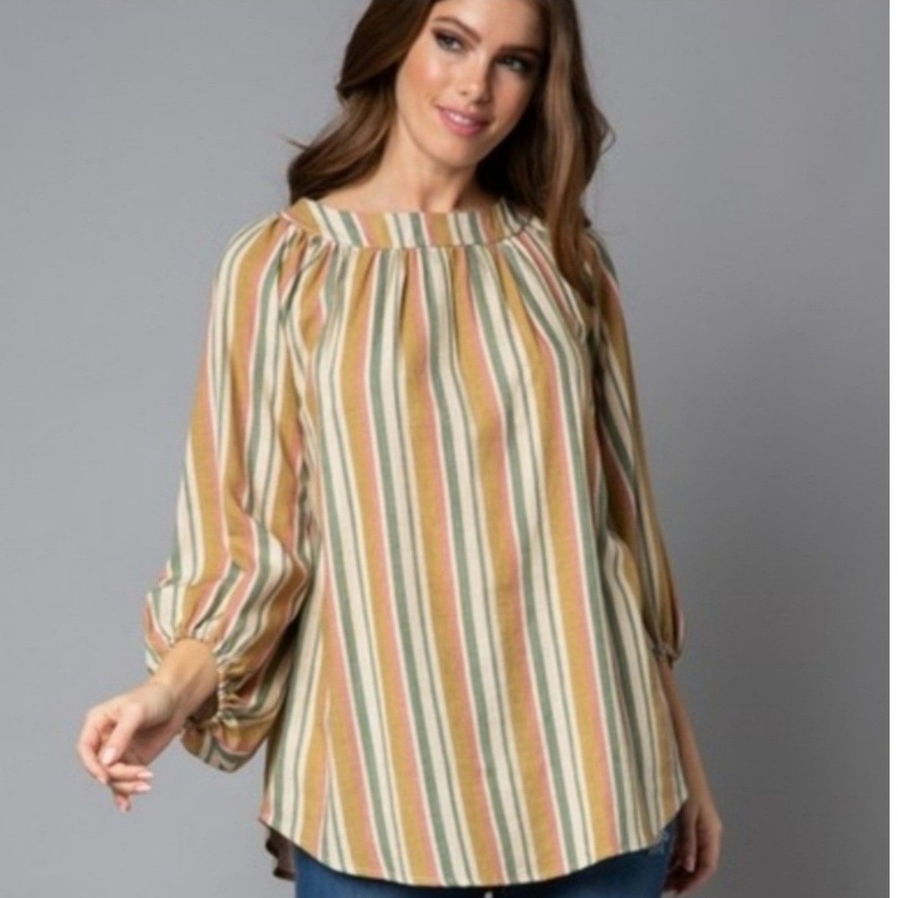 Striped Linen Cottoncore Half Puff Sleeve‎ Blouse Top Rayon Linen Blend Size L
